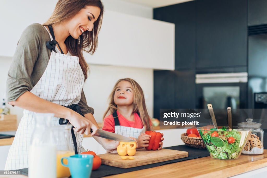 Moeder en dochter samen opstellen van salade