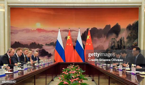 Chinese Premier Li Keqiang meets Russian President Vladimir Putin at the Great Hall of the People on May 14, 2017 in Beijing, China.