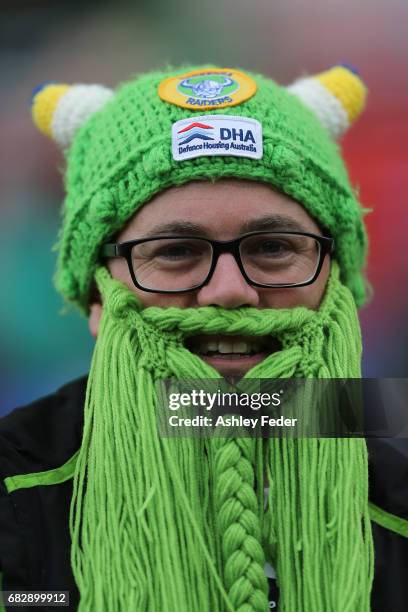 Raiders fan during the round 10 NRL match between the Newcastle Knights and the Canberra Raiders at McDonald Jones Stadium on May 14, 2017 in...