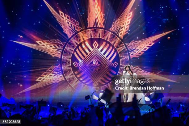 Naviband, comprised of Artem Lukyanenko and Ksenia Zhuk, the contestants from Belarus, perform during the second Eurovision semi-final on May 11,...