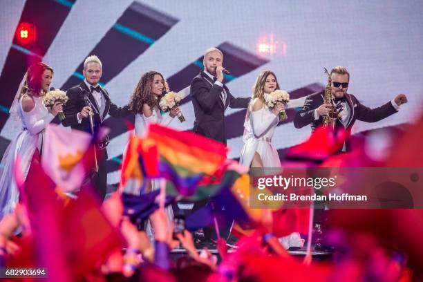 Sunstroke Project, the contestant from Moldova, performs at the Eurovision Grand Final on May 13, 2017 in Kiev, Ukraine. Ukraine is the 62nd host of...