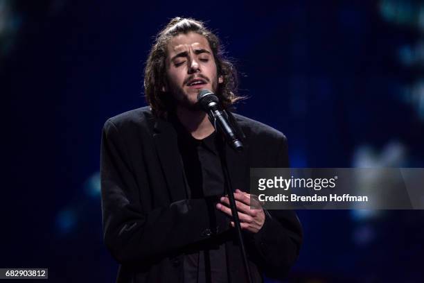 Salvador Sobral, the contestant from Portugal, performs after being announced as the winner at the Eurovision Grand Final on May 14, 2017 in Kiev,...