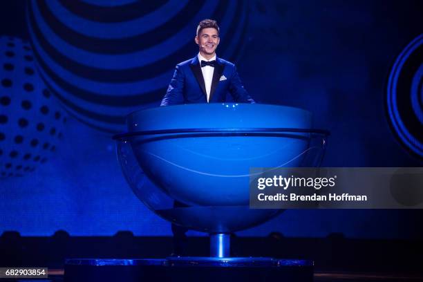 Presenter Volodymyr Ostapchuk prepares to announce the finalists from the second Eurovision semi-final on May 12, 2017 in Kiev, Ukraine. Ukraine is...