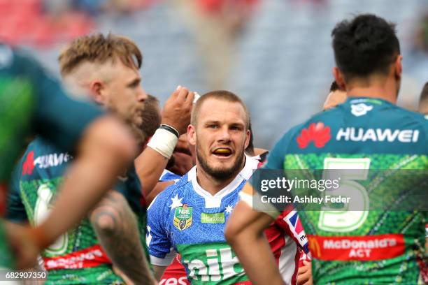 Nathan Ross of the Knights celebrates his try during the round 10 NRL match between the Newcastle Knights and the Canberra Raiders at McDonald Jones...