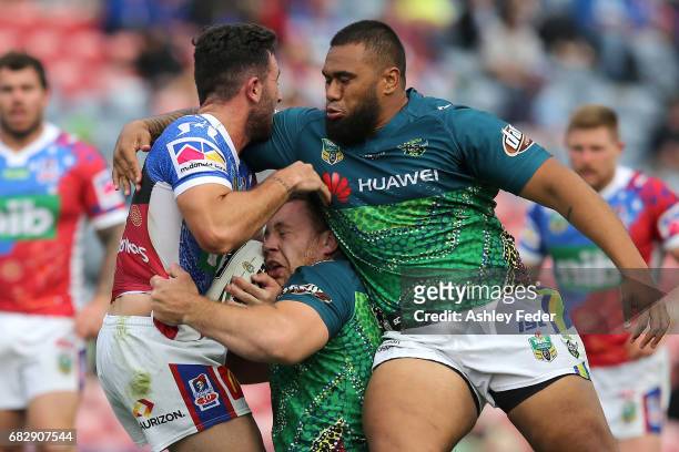 Shannon Boyd of the Raiders in action during the round 10 NRL match between the Newcastle Knights and the Canberra Raiders at McDonald Jones Stadium...
