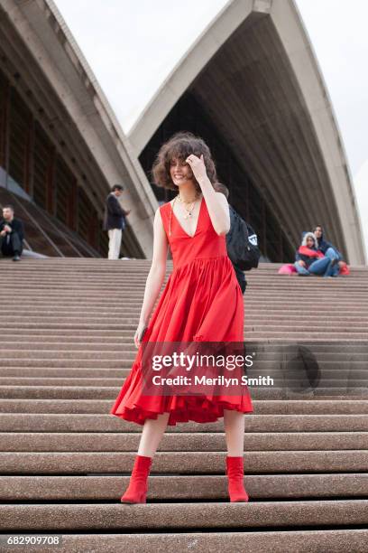 Fashion Stylist Chloe Hill is wearing a Maggie Marilyn dress at Sydney Opera House on May 14, 2017 in Sydney, Australia.