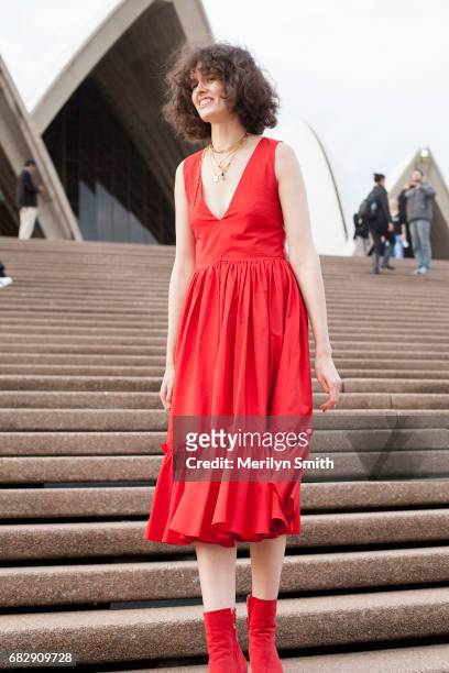 Fashion Stylist Chloe Hill is wearing a Maggie Marilyn dress at Sydney Opera House on May 14, 2017 in Sydney, Australia.