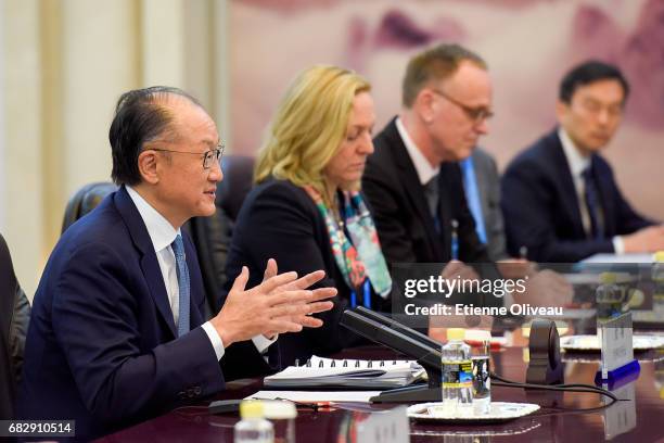 World Bank Group President Jim Yong Kim speaks during a meeeting with Chinese Premier Li Keqiang at the Great Hall of the People on May 14, 2017 in...