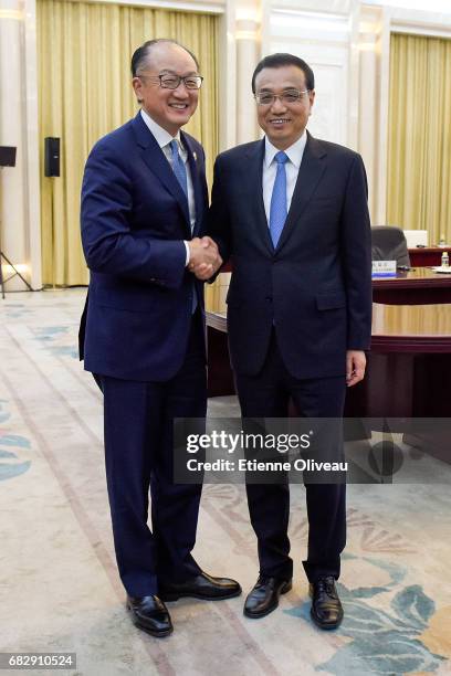 Chinese Premier Li Keqiang meets World Bank Group President Jim Yong Kim at the Great Hall of the People on May 14, 2017 in Beijing, China.