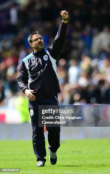 Huddersfield Town manager David Wagner acknowledges the crowd at the end of the game during the Sky Bet Championship Play-Off Semi Final First Leg...