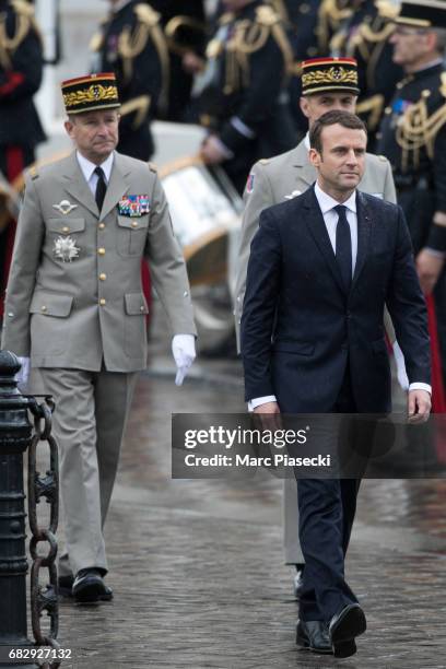 Newly-elected President Emmanuel Macron is seen at the 'Arc de Triomphe' on Champs-Elysees avenue after the handover ceremony with France's outgoing...