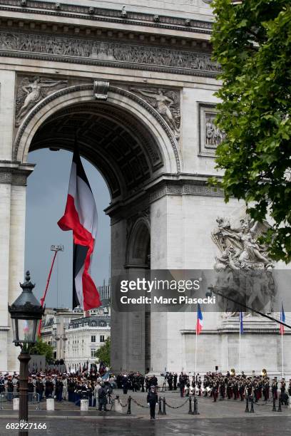 General view as newly-elected President Emmanuel Macron is seen at the 'Arc de Triomphe' on Champs-Elysees avenue after the handover ceremony with...