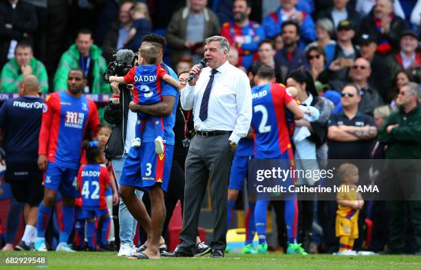 Sam Allardyce manager / head coach of Crystal Palace takes to the microphone to thank the supporters after the Premier League match between Crystal...