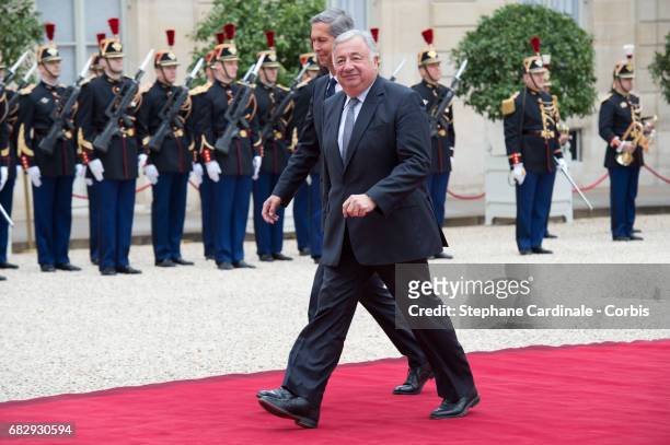 Senate president Gerard Larcher arrives at the Elysee Palace prior to the handover ceremony for New French President Emmanuel Macron at Elysee Palace...