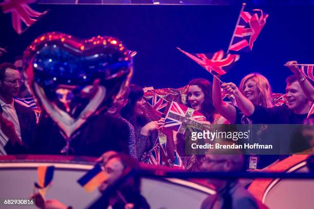 Lucie Jones , the contestant from the United Kingdom, holds a flag in her section of the green room at the Eurovision Grand Final on May 13, 2017 in...