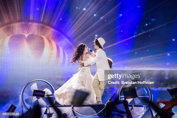 Naviband, comprised of Ksenia Zhuk and Artem Lukyanenko, the contestants from Belarus, perform during the second Eurovision semi-final on May 11,...