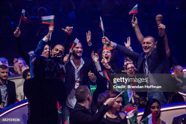 The Bulgarian delegation celebrates qualifying for the Eurovision Grand Final after the second semi-final on May 12, 2017 in Kiev, Ukraine. Ukraine...