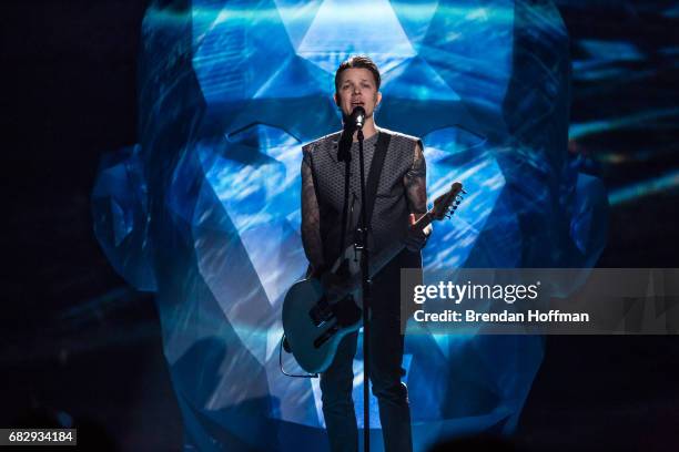 Zhenia Halych of the band O.Torvald, the contestant from Ukraine, performs during a rehearsal for the Eurovision Grand Final on May 12, 2017 in Kiev,...