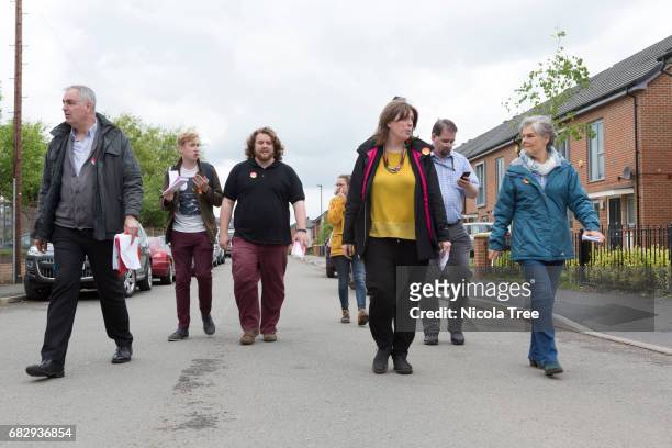 Labour candidate Jess Phillips door knocking and leafleting in her campaigning in her constituency with her team on May 12, 2017 in Birmingham,...