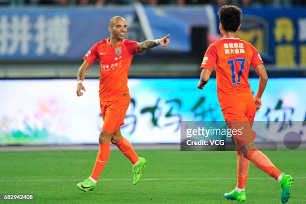 Diego Tardelli of Shandong Luneng celebrates after a goal during 2017 Chinese Super League 9th round match between Jiangsu Suning F.C. And Shandong...