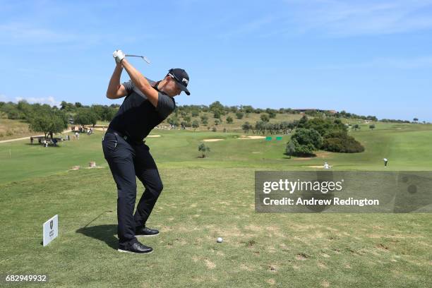 Matt Wallace of England tees off on the 11th hole during the final round on day four of the Open de Portugal at Morgado Golf Resort on May 14, 2017...