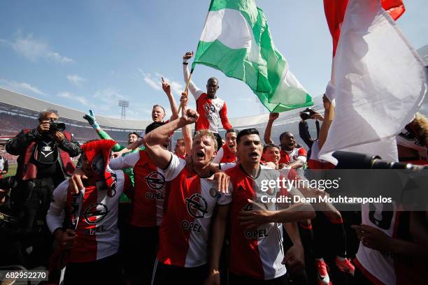 Captain, Dirk Kuyt of Feyenoord Rotterdam celebrates with team mates after winning the Dutch Eredivisie at De Kuip or Stadion Feijenoord on May 14,...