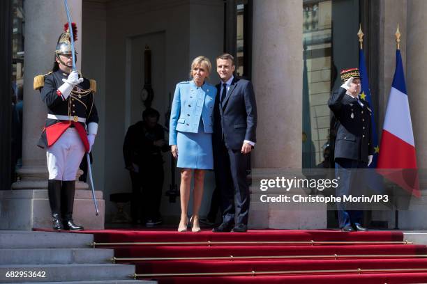 New French President elect Emmanuel Macron and his wife, the First Lady Brigitte Trogneux , attend a formal ceremony as part of the transfer of power...