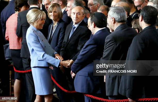 Brigitte Trogneux , wife of French President Emmanuel Macron greets guests during her husband's formal inauguration ceremony as French President in...