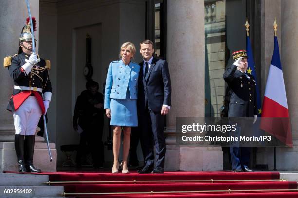 New French President elected Emmanuel Macron and his wife, the First Lady Brigitte Trogneux attend a formal ceremony as part of the transfer of power...