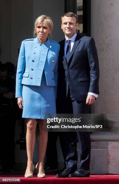 New French President elect Emmanuel Macron and his wife , the First Lady Brigitte Trogneux, attend a formal ceremony as part of the transfer of power...