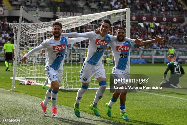 Jose Maria Callejon of SSC Napoli celebrates his second goal with team mates Dries Mertens and Lorenzo Insigne during the Serie A match between FC...