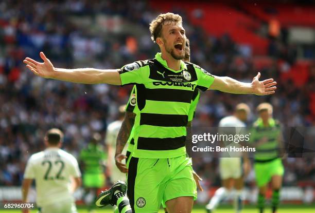 Christian Doidge of Forest Green celebrates after scoring his team's second goal of the game during the Vanarama National League Play Off Final...