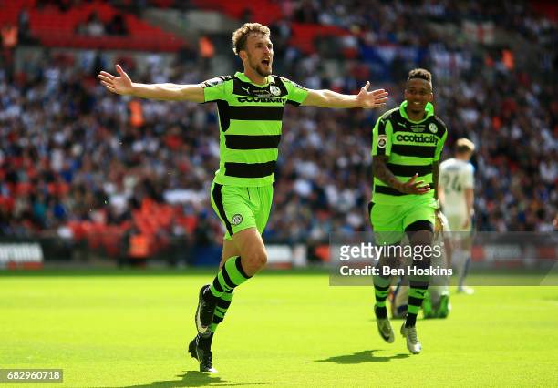 Christian Doidge of Forest Green celebrates after scoring his team's second goal of the game during the Vanarama National League Play Off Final...