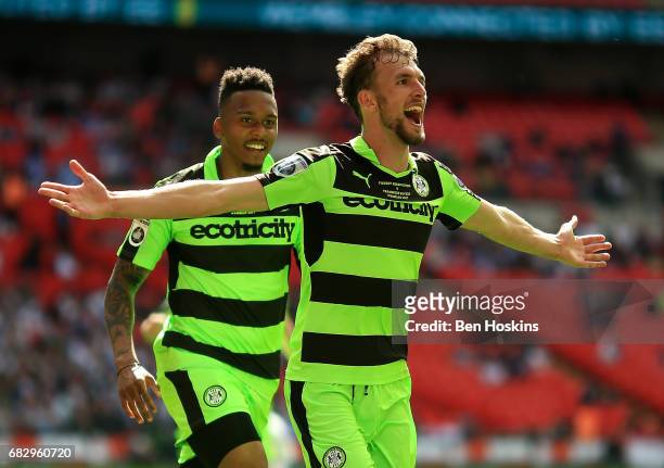 Christian Doidge of Forest Green celebrates after scoring his team's second goal of the game during the Vanarama National League Play Off Final...