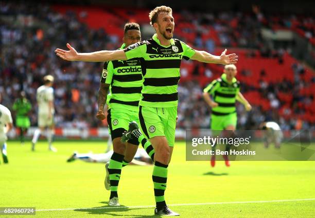 Christian Doidge of Forest Green celebrates after scoring his team's second goal of the game during the Vanarama National League Play Off Final...