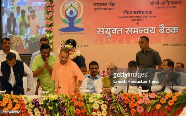 Union Home Minister Rajnath Singh holding a meeting with Uttar Pradesh Chief Minister Yogi Adityanath to discuss International Yoga Day preparations...