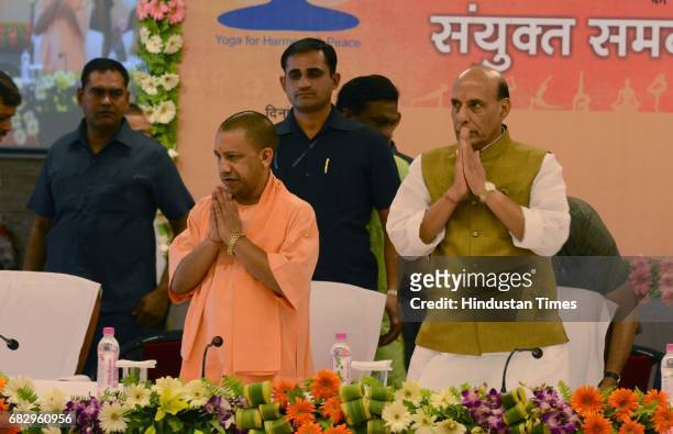 Union Home Minister Rajnath Singh holding a meeting with Uttar Pradesh Chief Minister Yogi Adityanath to discuss International Yoga Day preparations...