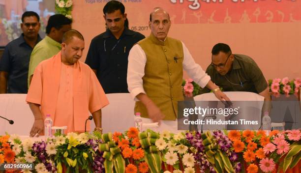 Union Home Minister Rajnath Singh holding a meeting with Uttar Pradesh Chief Minister Yogi Adityanath to discuss International Yoga Day preparations...