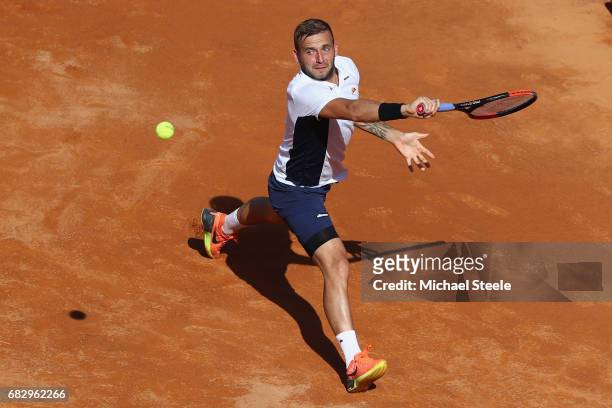 Dan Evans of Great Britain in action during his forst round match against Jiri Vesely of Czech Republic on Day Two of The Internazionali BNL d'Italia...