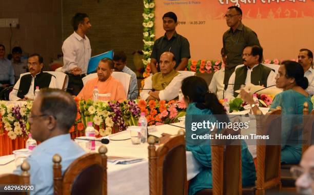 Union Home Minister Rajnath Singh holding a meeting with Uttar Pradesh Chief Minister Yogi Adityanath to discuss International Yoga Day preparations...