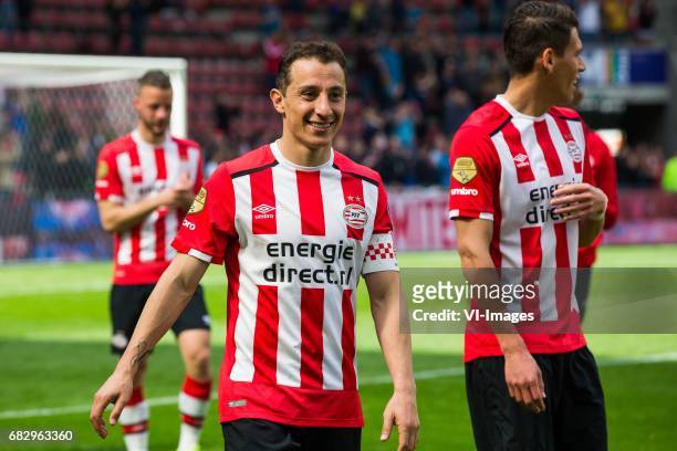 Andres Guardado of PSV, Hector Moreno of PSVduring the Dutch Eredivisie match between PSV Eindhoven and PEC Zwolle at the Phillips stadium on May 14,...