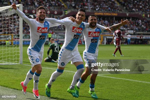 Jose Maria Callejon of SSC Napoli celebrates his second goal with team mates Dries Mertens and Lorenzo Insigne during the Serie A match between FC...
