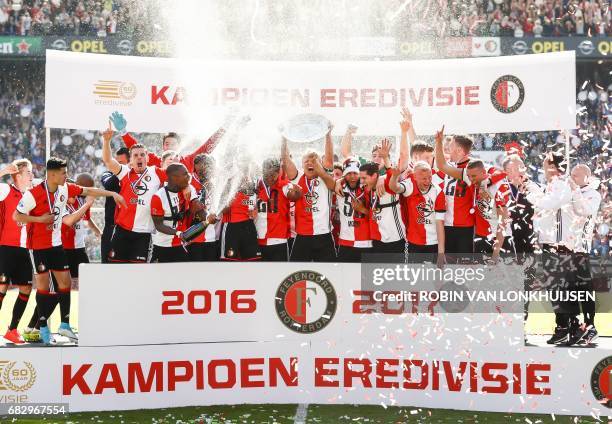 Feyenoord's players celebrate after winning the champions trophy during the Dutch Eredivisie match between Feyenoord Rotterdam and Heracles Almelo in...