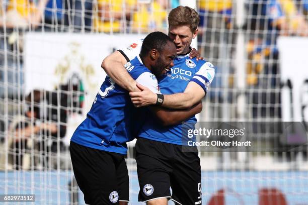 Reinhold Yabo of Bielefeld celebrates after scoring their third goal during the Second Bundesliga match between DSC Arminia Bielefeld and Eintracht...