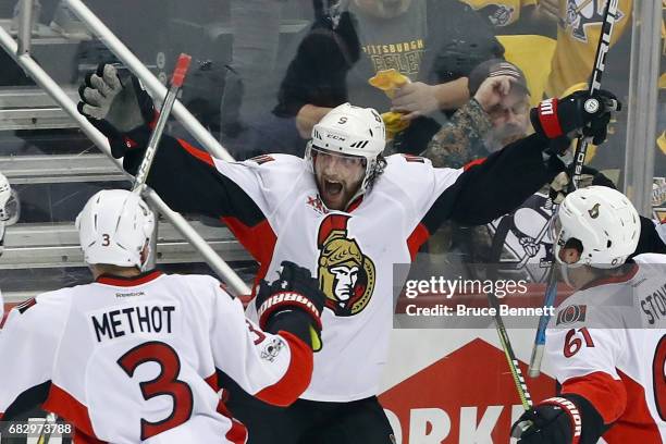 Bobby Ryan of the Ottawa Senators celebrates his game winning overtime goal against the Pittsburgh Penguins in Game One of the Eastern Conference...