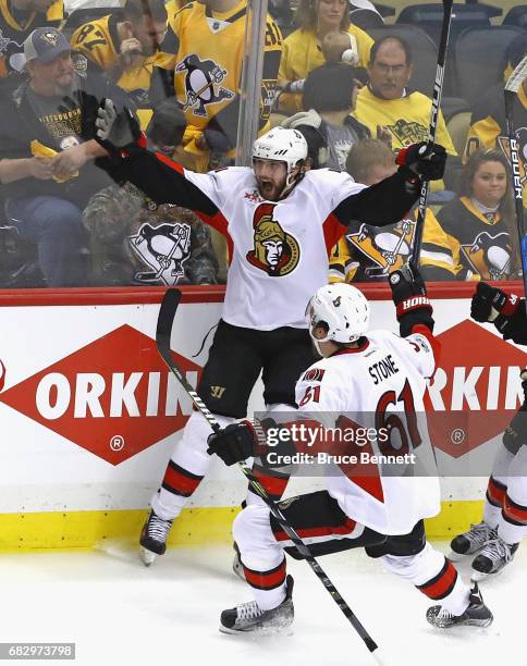 Bobby Ryan of the Ottawa Senators celebrates his game winning overtime goal against the Pittsburgh Penguins in Game One of the Eastern Conference...