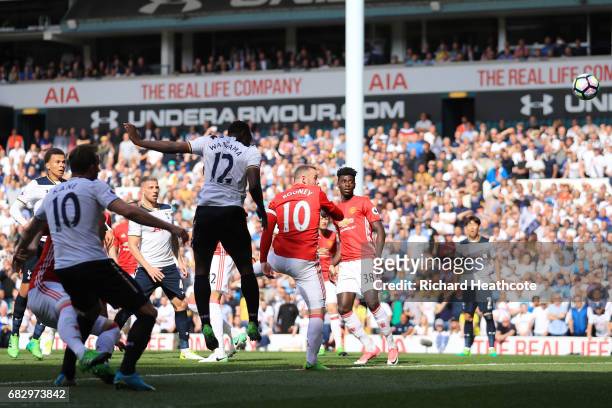 Victor Wanyama of Tottenham Hotspur scores his sides first goal during the Premier League match between Tottenham Hotspur and Manchester United at...
