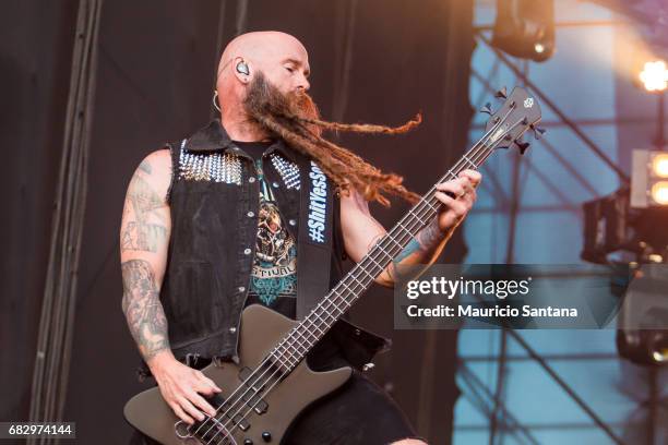 Chris Kael member of the band Five Finger Death Punch performs live on stage at Autodromo de Interlagos on May 13, 2017 in Sao Paulo, Brazil.