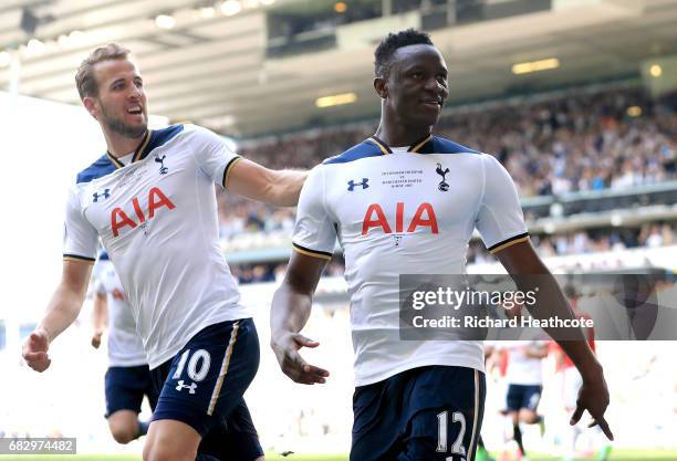 Victor Wanyama of Tottenham Hotspur celebrates scoring his sides first goal with Harry Kane of Tottenham Hotspur during the Premier League match...