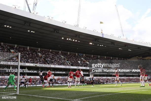 Victor Wanyama of Tottenham Hotspur scores the first goal to make the score 1-0 during the Premier League match between Tottenham Hotspur and...